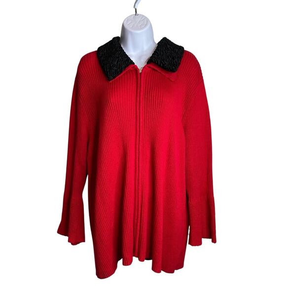 Coldwater Creek Women's Red Cotton Full Zip Faux Fur Collared Sweater Size 2X - Picture 1 of 12